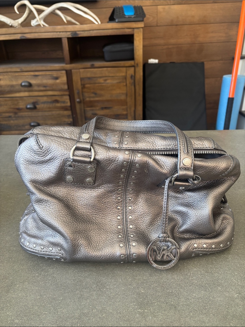 Michael Kors Metallic Gunmetal Leather Duffel Bag